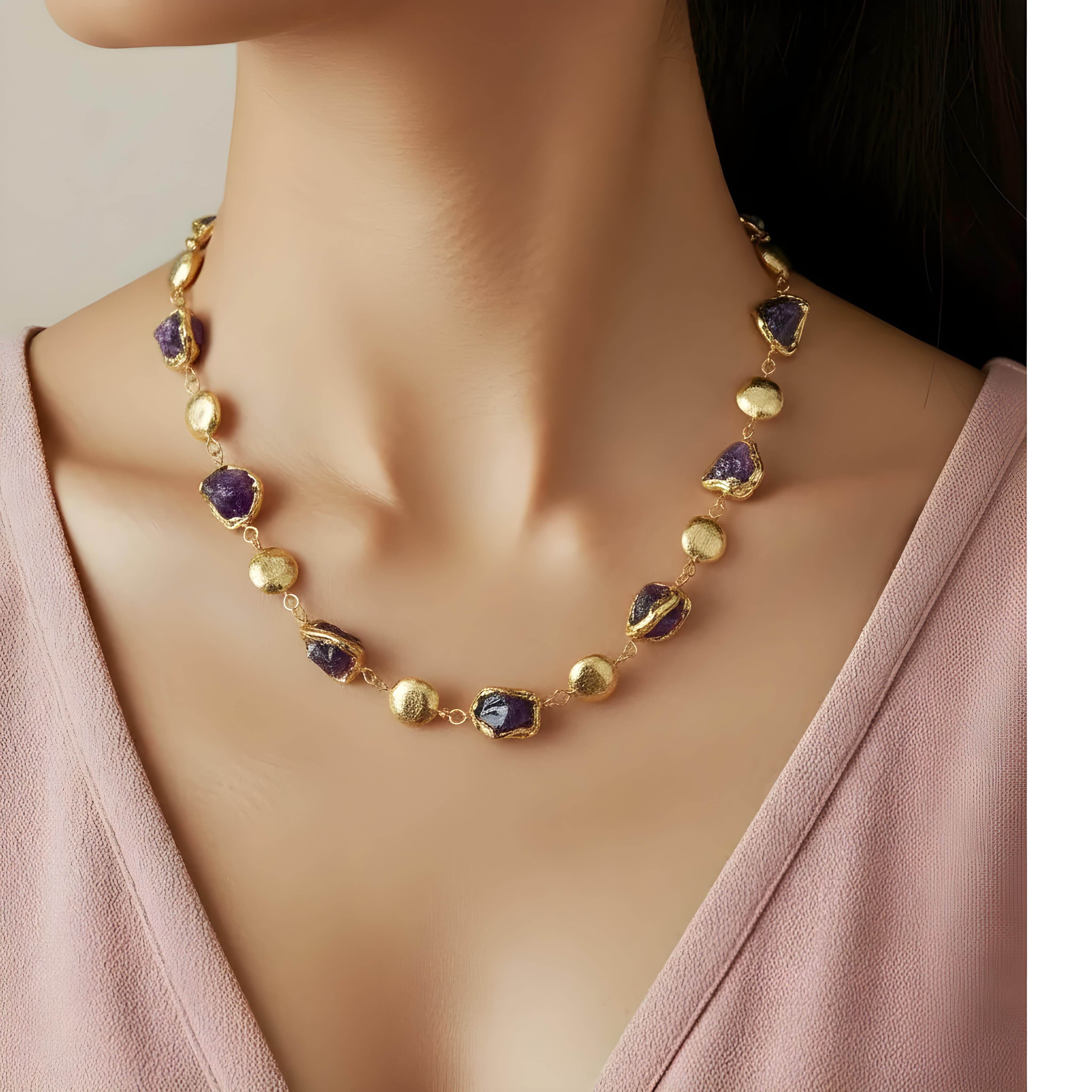 Amethysts rough nugget necklace 23"