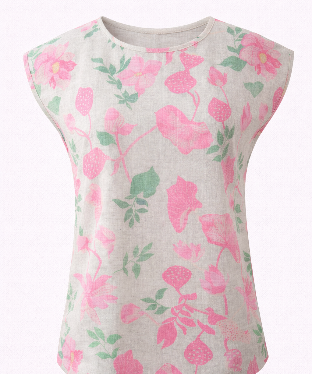 Floral Linen Co-ord Set Matching Sleeveless Top High Waist Pleated Shorts in Linen Blossom Ivory Camellia Print