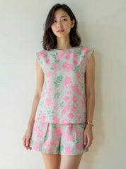 Floral Linen Co-ord Set Matching Sleeveless Top High Waist Pleated Shorts in Linen Blossom Ivory Camellia Print