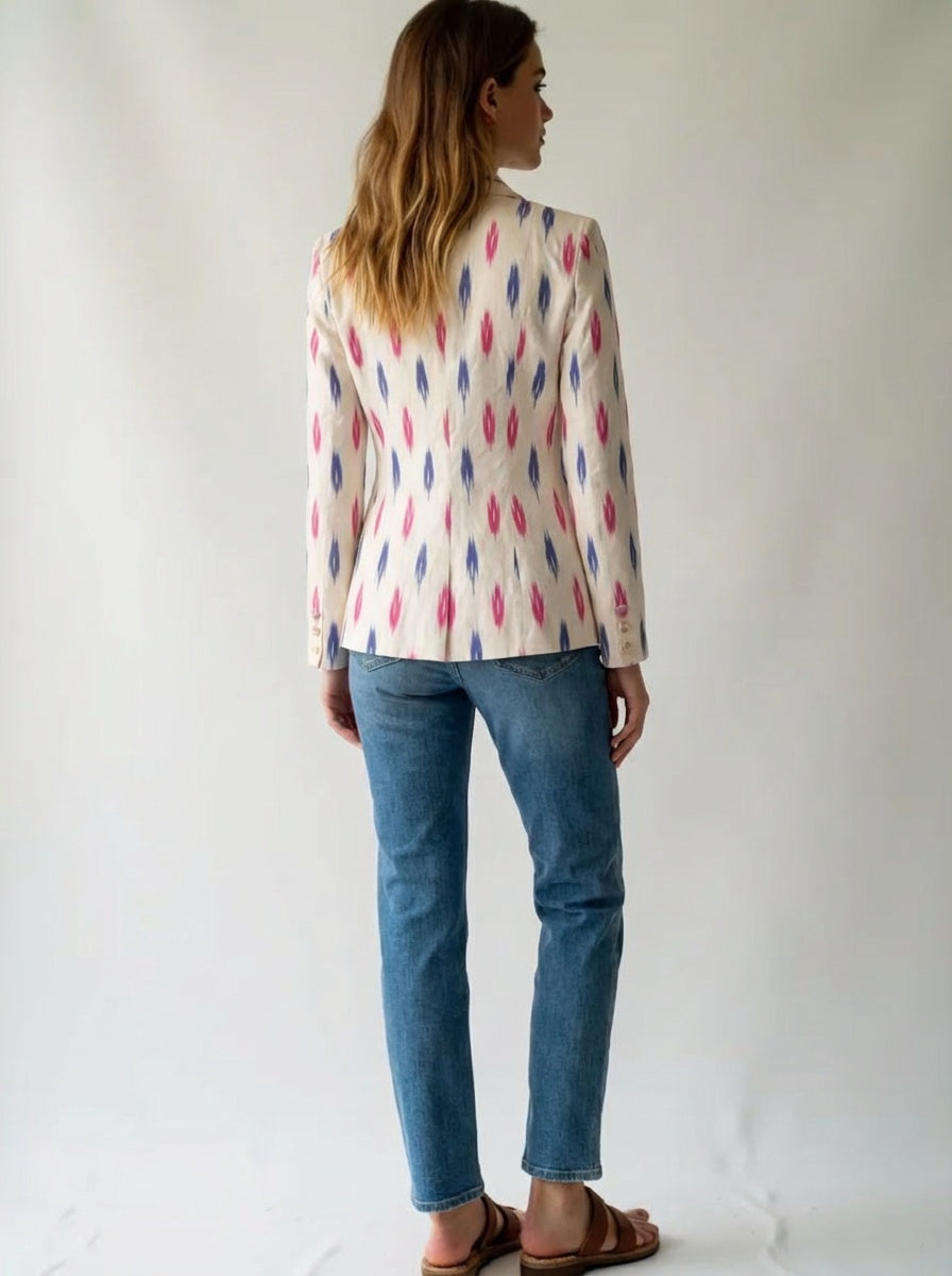 Ikat Cotton Blazer for Women Handwoven Ethnic Jacket Fitted Waist Notch Lapel