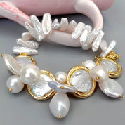 Natural Freshwater White Biwa Pearl Coin Keshi Pearl Sea Shell Pearl Bracelet 8"