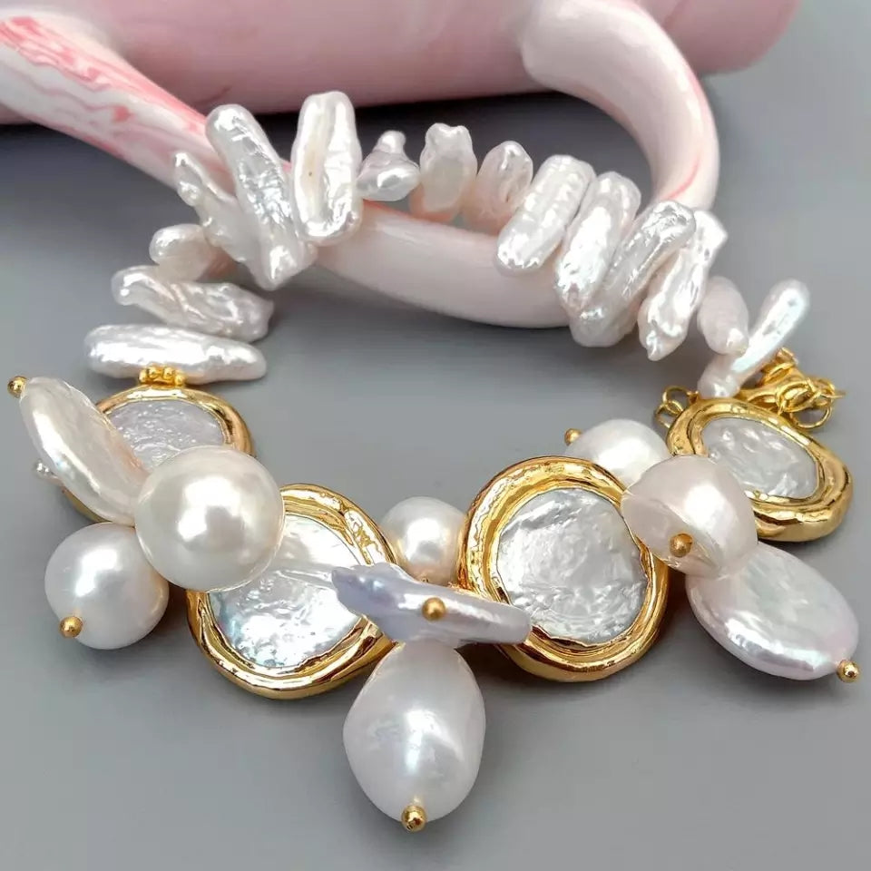 Natural Freshwater White Biwa Pearl Coin Keshi Pearl Sea Shell Pearl Bracelet 8"