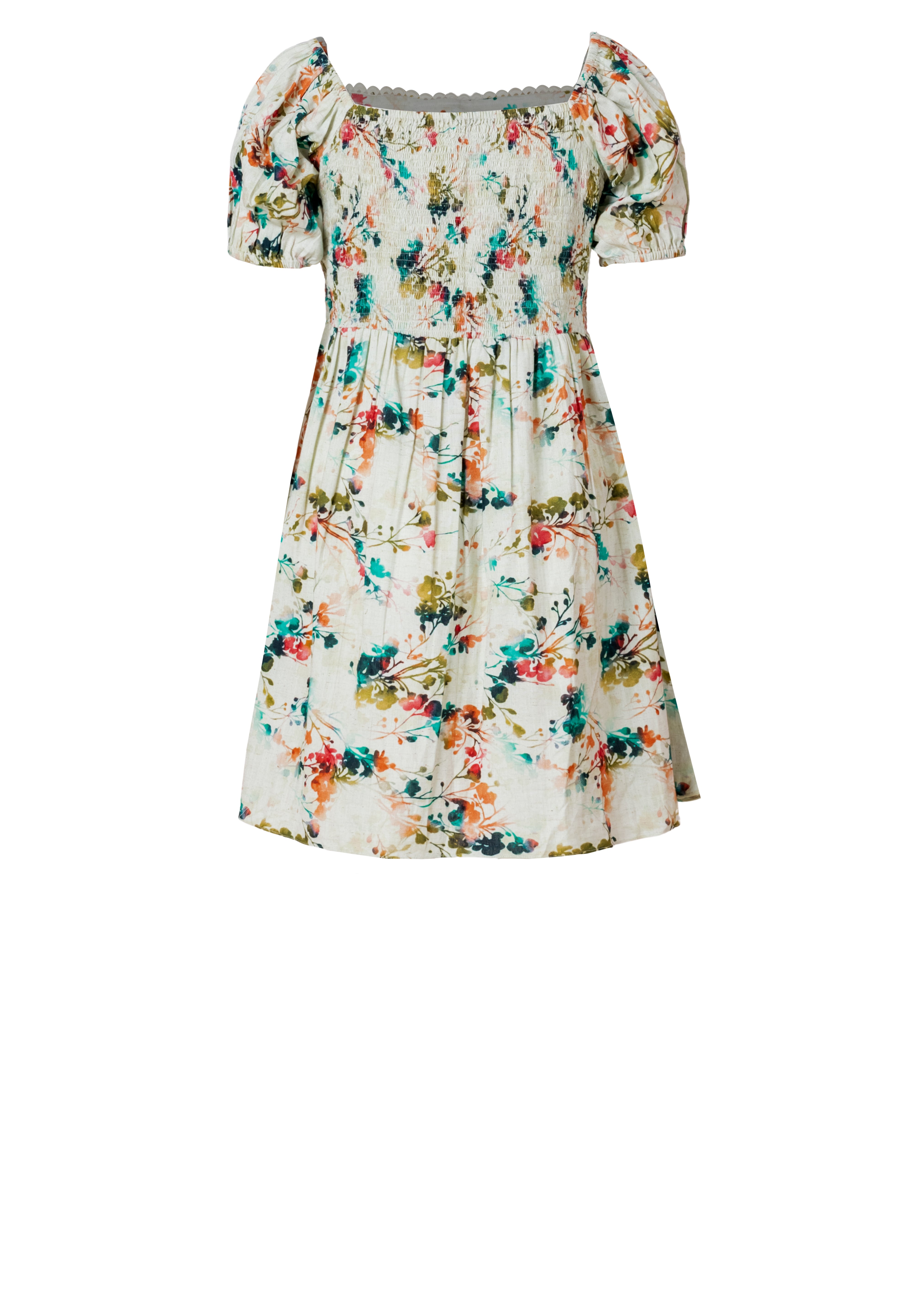 Handloom Cotton Floral Mini Dress – Summer Puff Sleeve Dress