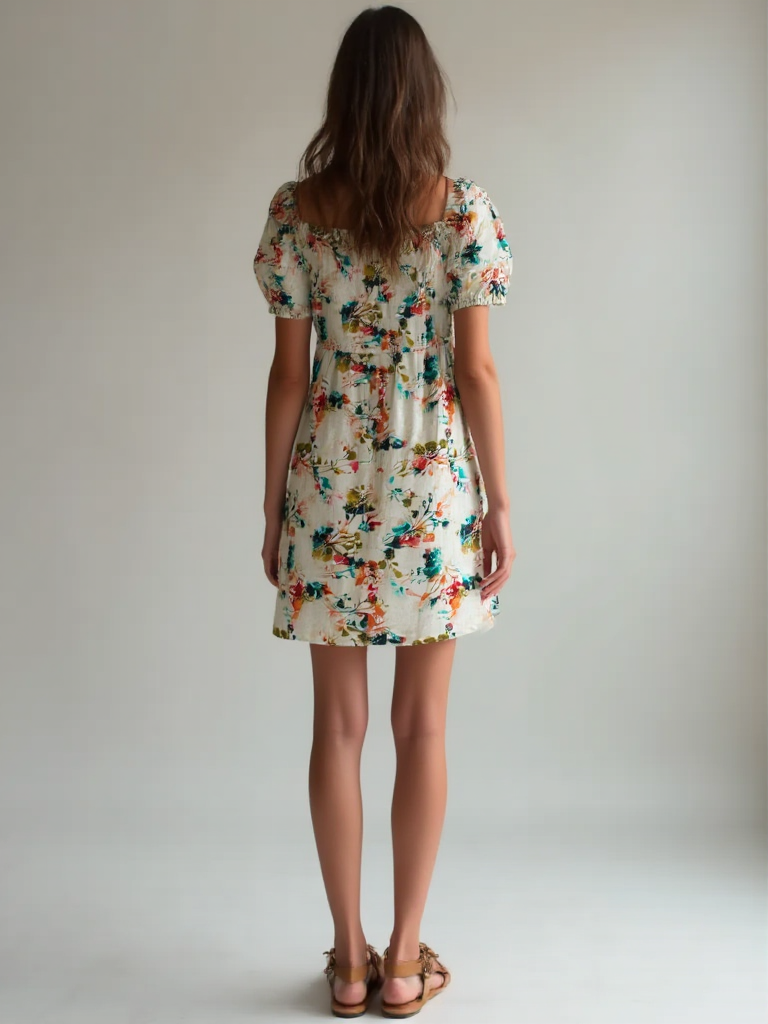 Handloom Cotton Floral Mini Dress – Summer Puff Sleeve Dress