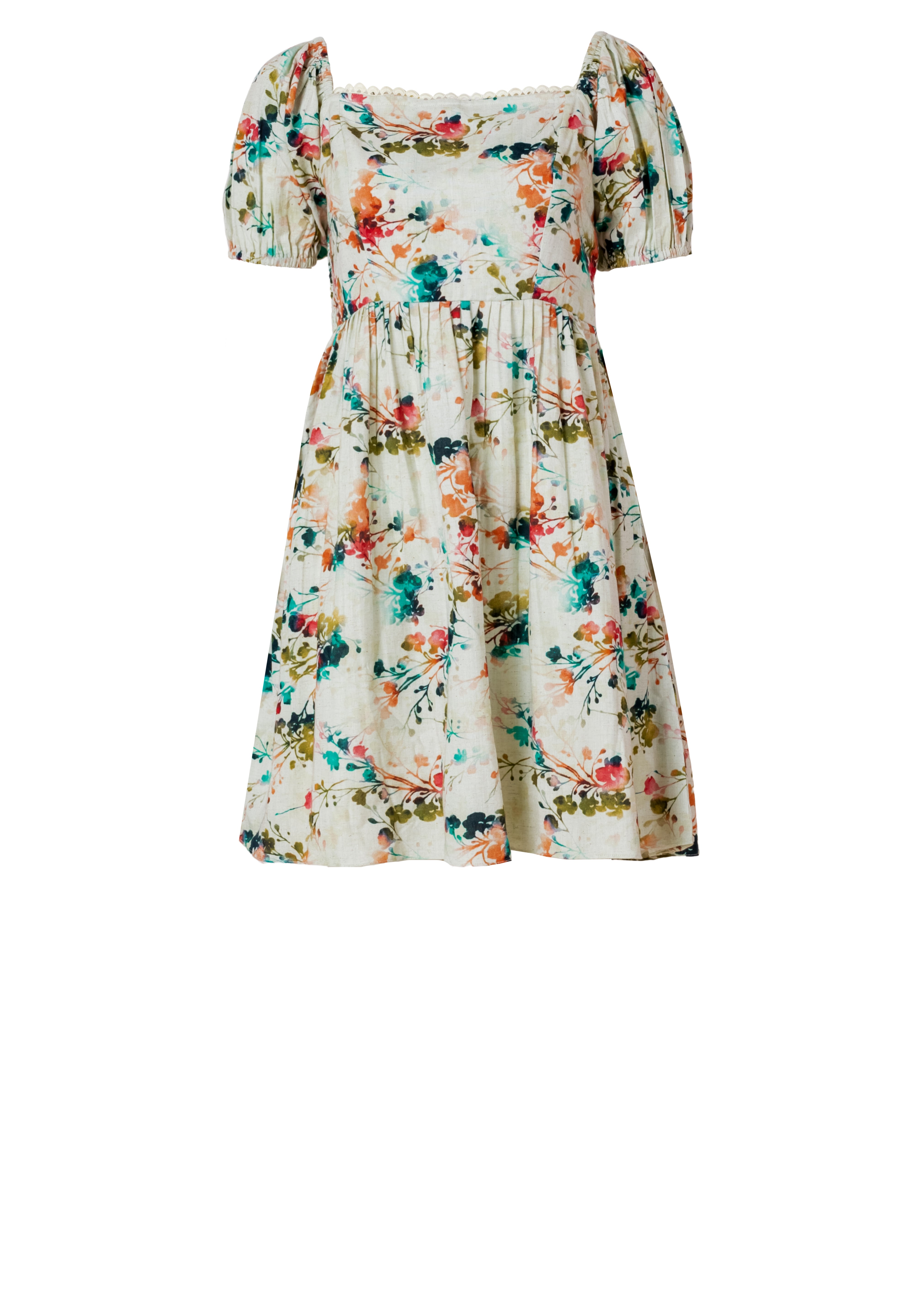 Handloom Cotton Floral Mini Dress – Summer Puff Sleeve Dress