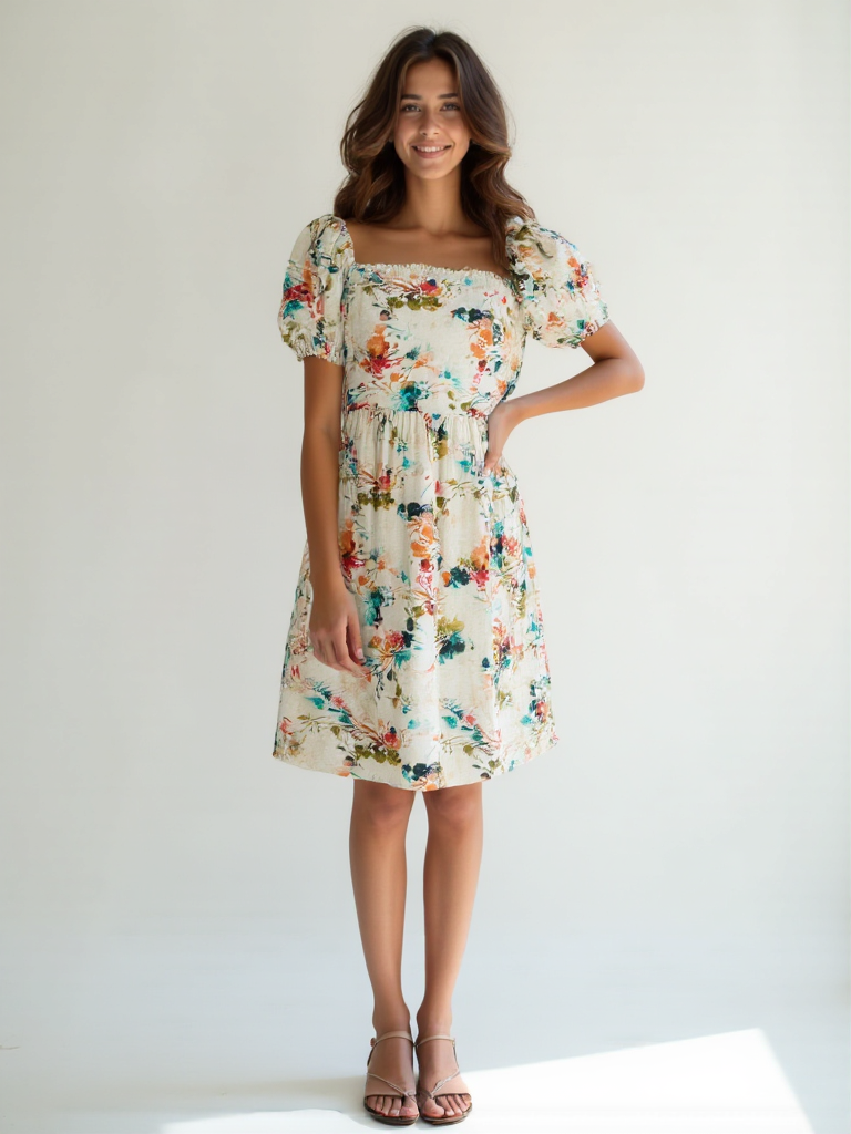 Handloom Cotton Floral Mini Dress – Summer Puff Sleeve Dress