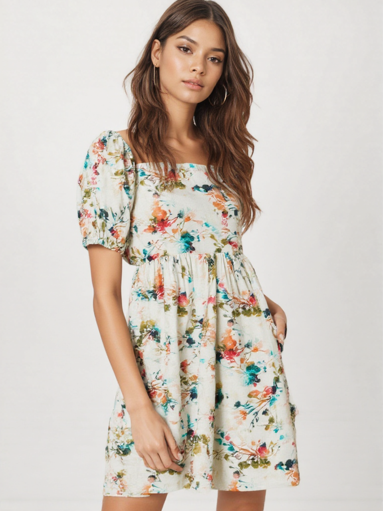 Handloom Cotton Floral Mini Dress – Summer Puff Sleeve Dress