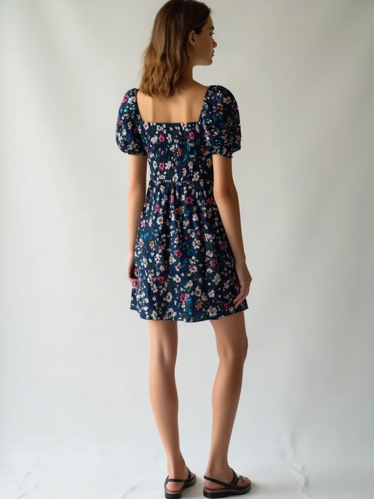 Handloom Cotton Floral Mini Dress – Summer Puff Sleeve Dress