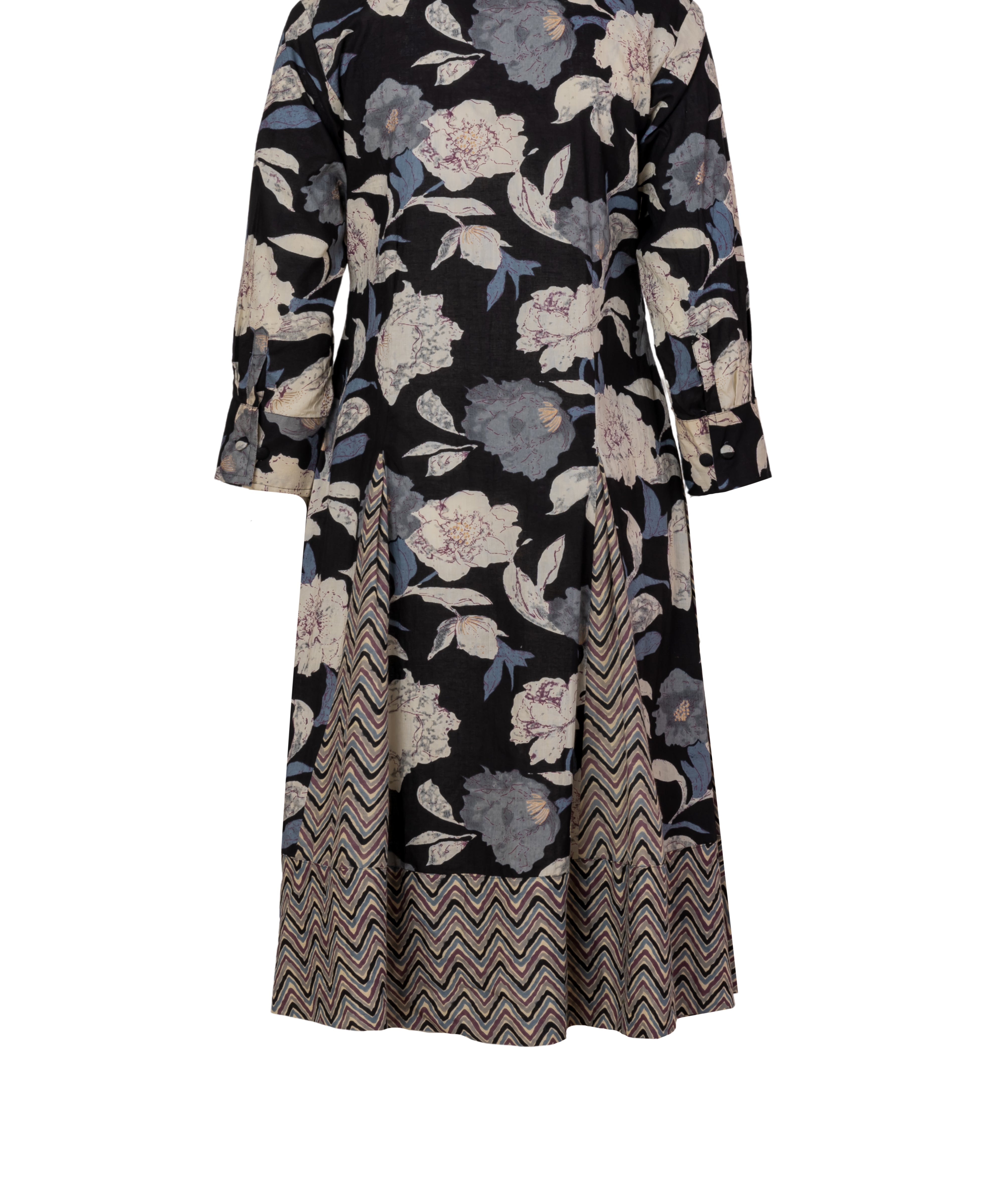 Black cotton shirt dress with floral and chevron print, back view, long sleeves, flared skirt, button cuffs