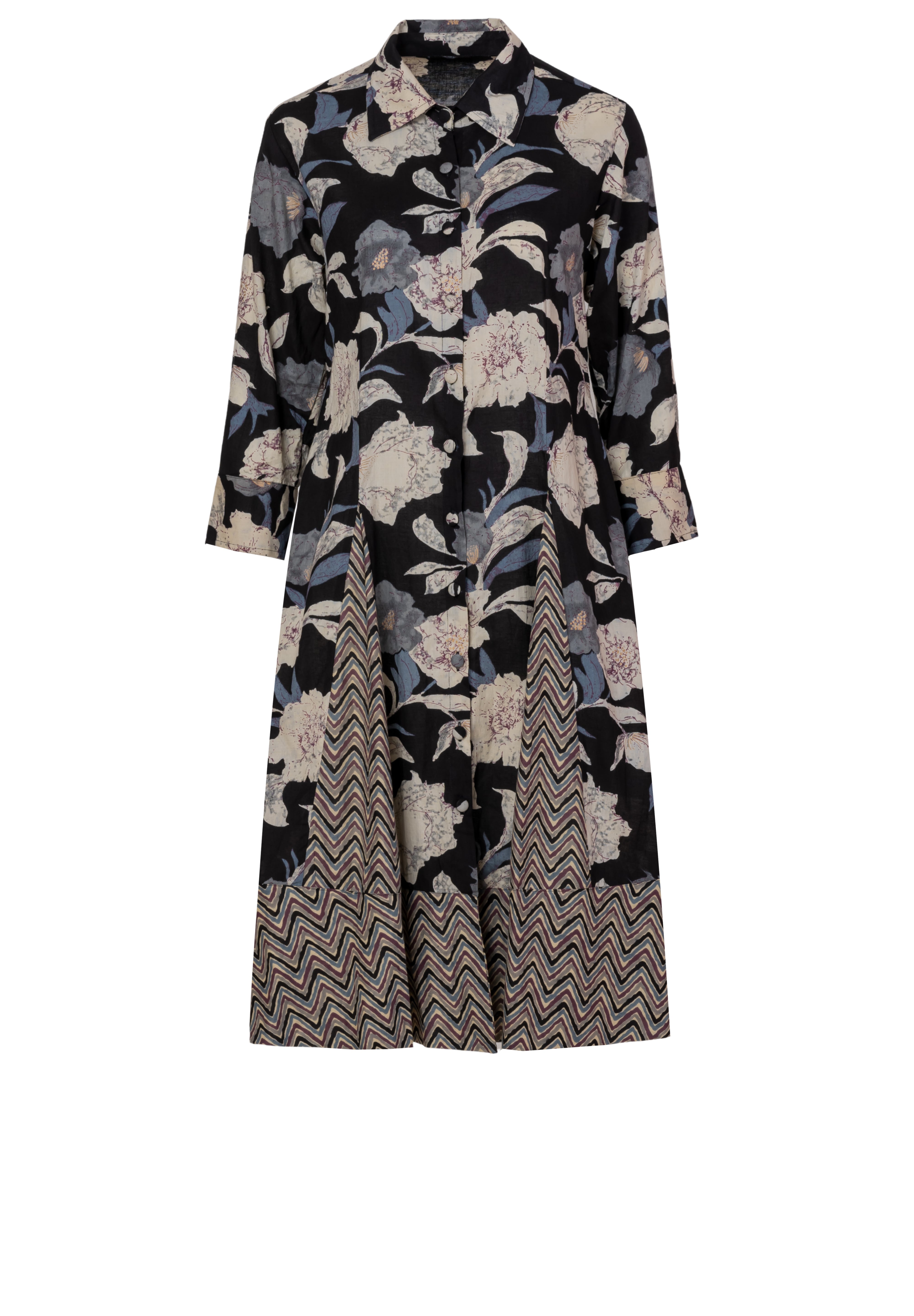 Black cotton shirt dress with floral and chevron print, front button closure, three-quarter sleeves, and tiered skirt, shown in full-length front view.