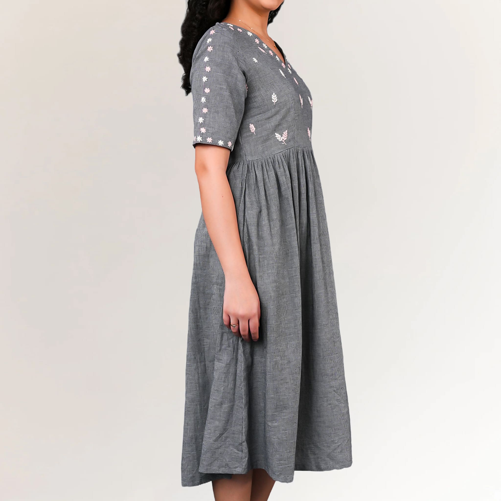 Grey Handwoven Khadi Cotton Dress for Women