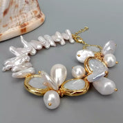 Natural Freshwater White Biwa Pearl Coin Keshi Pearl Sea Shell Pearl Bracelet 8"
