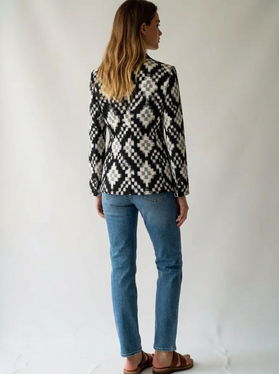 Ikat Cotton Blazer for Women Handwoven Ethnic Jacket Fitted Waist Notch Lapel