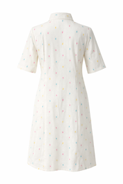 White Cotton Dobby Dress A-Line Collared Summer Midi Dress with Pockets in Ivory Confetti & Ivory Leaf