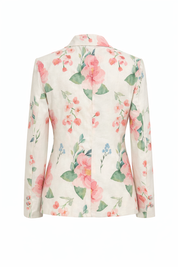 Linen Cotton Floral Blazer for Women Elegant Single Button Summer Jacket with Notch Lapel in Ivory Blossom