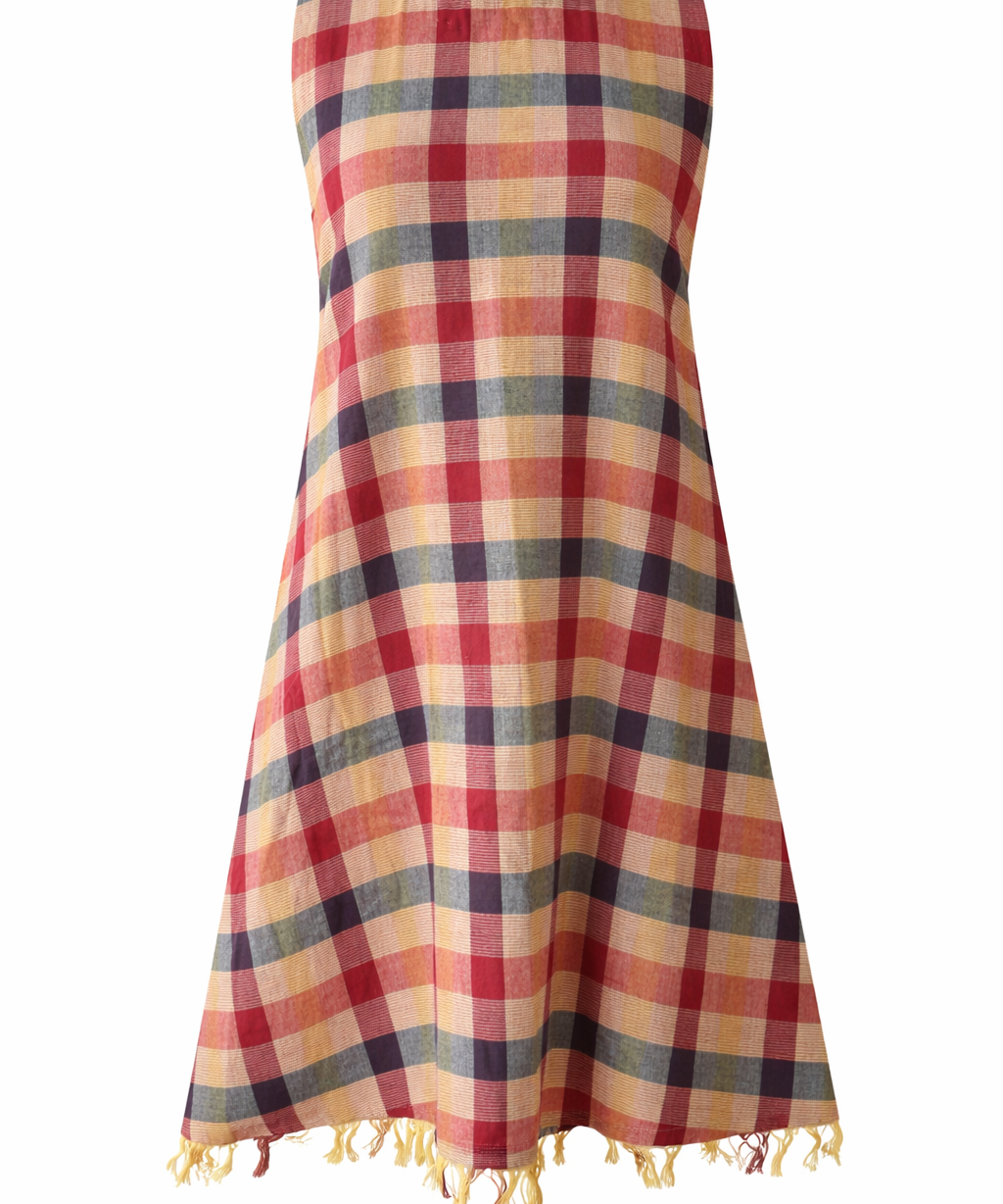 Handloom Cotton Checks Multicolor Plaid Sleeveless A-Line Casual Summer Midi Dress