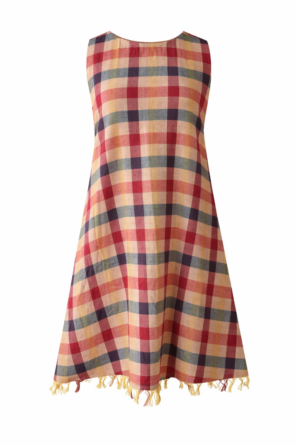 Handloom Cotton Checks Multicolor Plaid Sleeveless A-Line Casual Summer Midi Dress