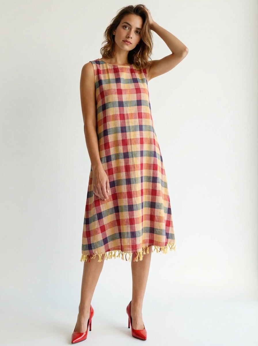 Handloom Cotton Checks Multicolor Plaid Sleeveless A-Line Casual Summer Midi Dress