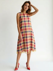 Handloom Cotton Checks Multicolor Plaid Sleeveless A-Line Casual Summer Midi Dress