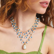 Freshwater white rice pearl blue enamel necklace and bracelet set