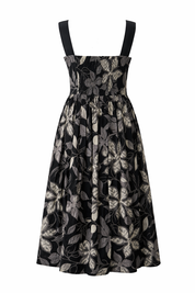 Handloom Cotton Floral Dress Elegant Black Midi Summer Dress