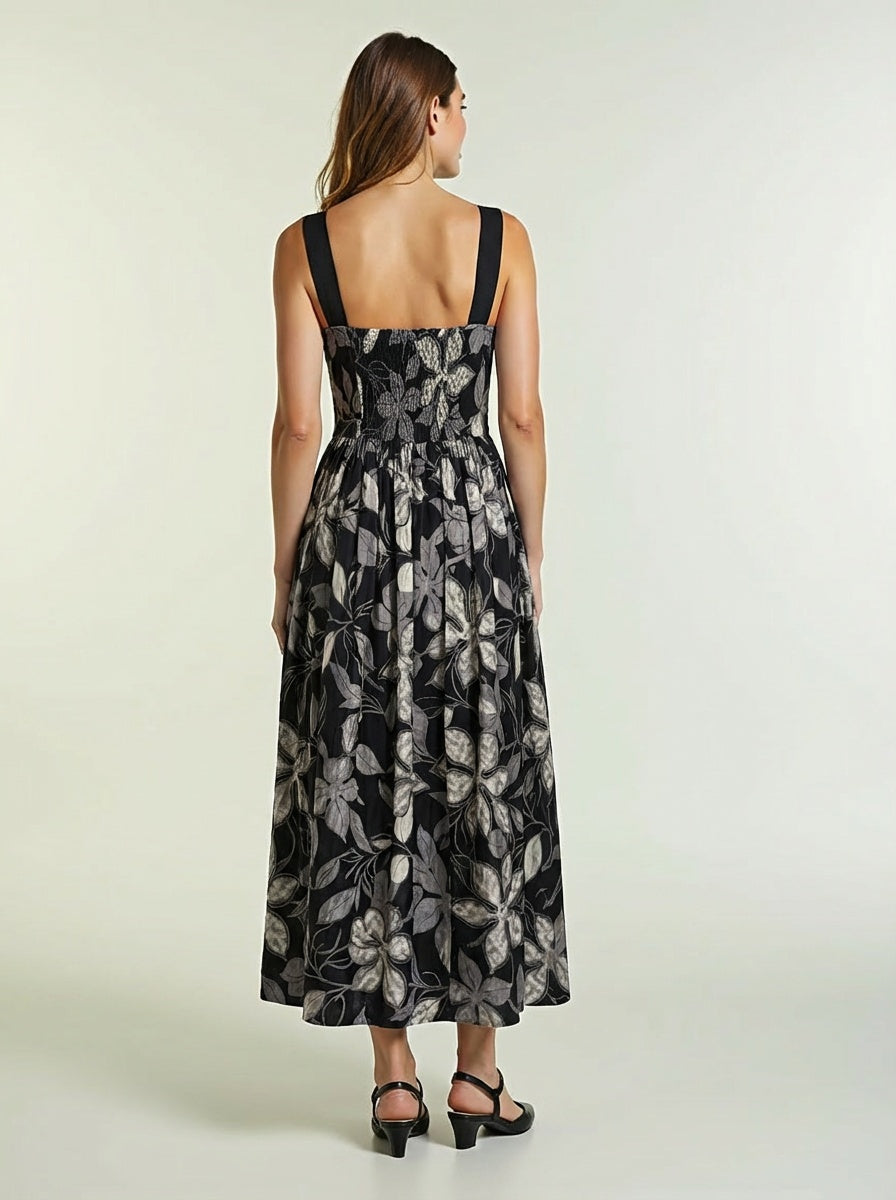 Handloom Cotton Floral Dress Elegant Black Midi Summer Dress