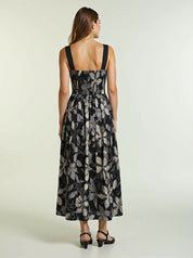 Handloom Cotton Floral Dress Elegant Black Midi Summer Dress