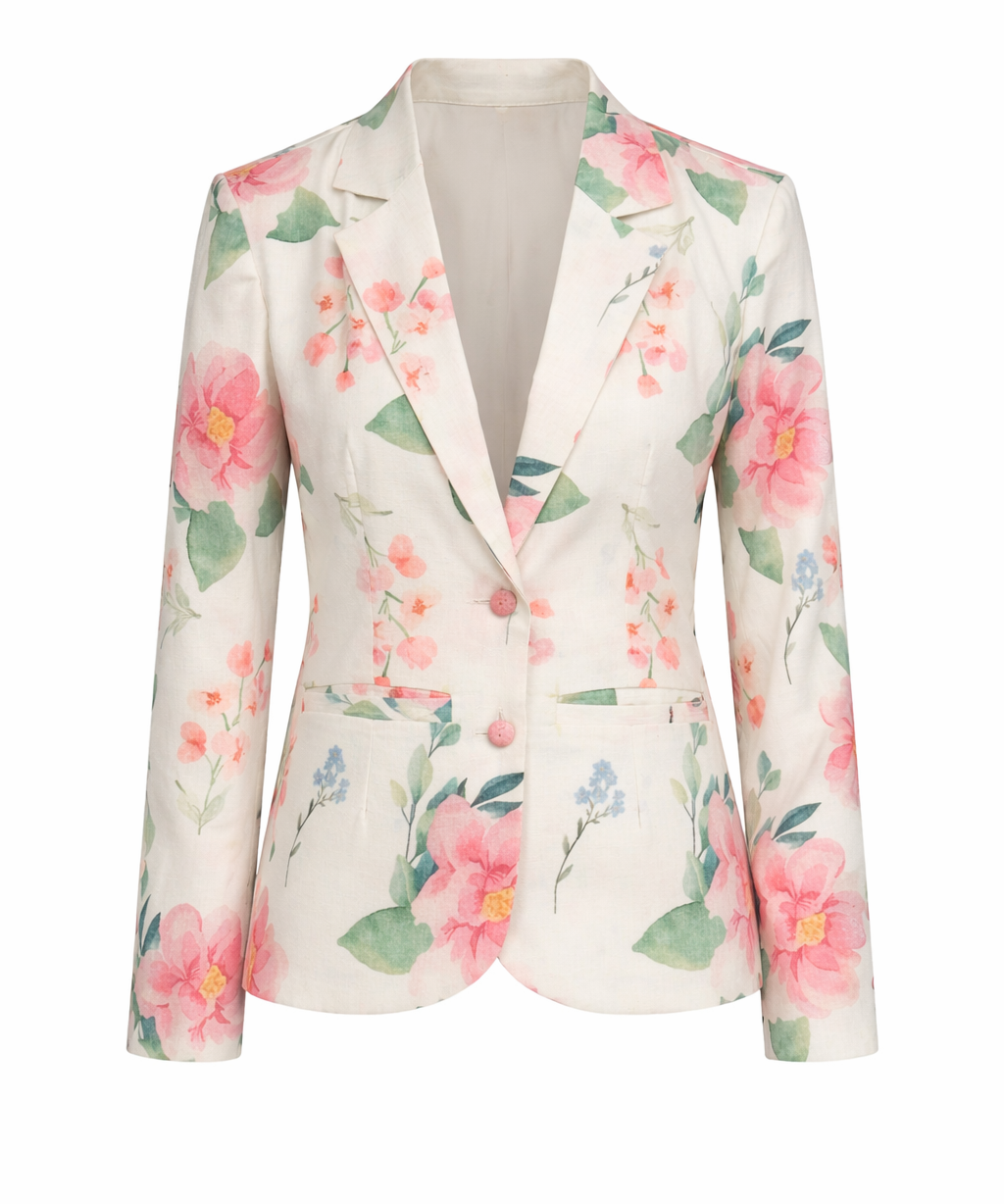 Linen Cotton Floral Blazer for Women Elegant Single Button Summer Jacket with Notch Lapel in Ivory Blossom