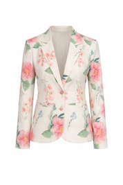 Linen Cotton Floral Blazer for Women Elegant Single Button Summer Jacket with Notch Lapel in Ivory Blossom