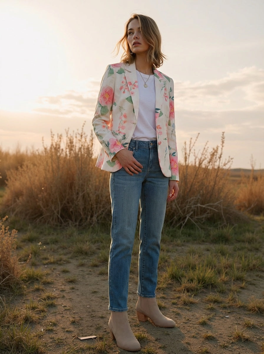Linen Cotton Floral Blazer for Women Elegant Single Button Summer Jacket with Notch Lapel in Ivory Blossom