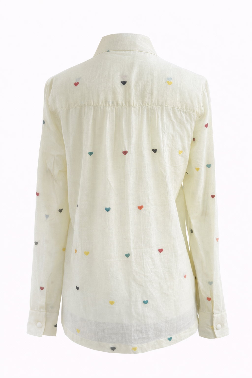 Handwoven Cotton Blouse for Women Ivory Long Sleeve Shirt Multicolor Embroidered Heart Motifs Band Collar Button Front