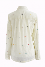 Handwoven Cotton Blouse for Women Ivory Long Sleeve Shirt Multicolor Embroidered Heart Motifs Band Collar Button Front