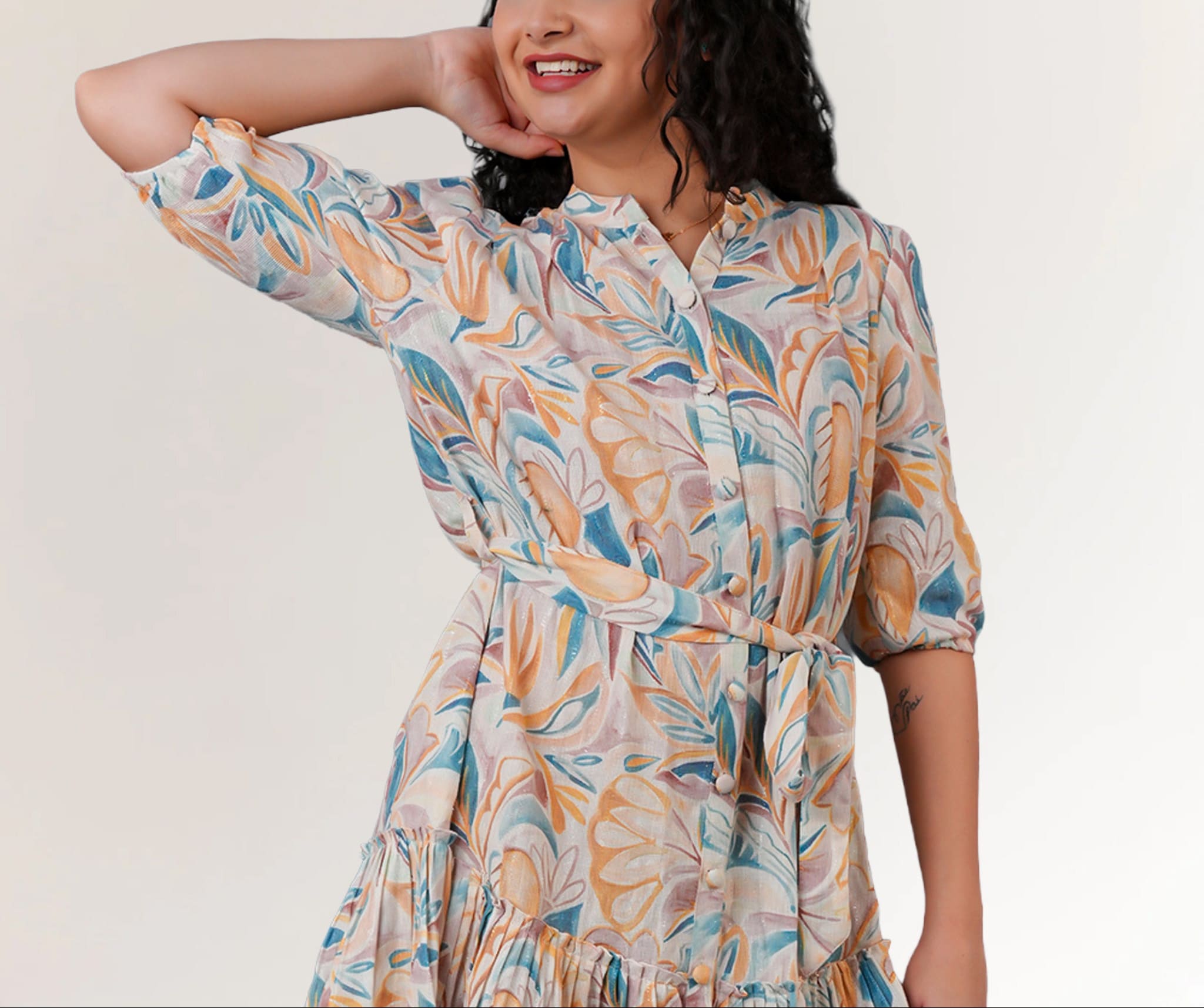 Cotton Jute Floral Mini Dress for Women