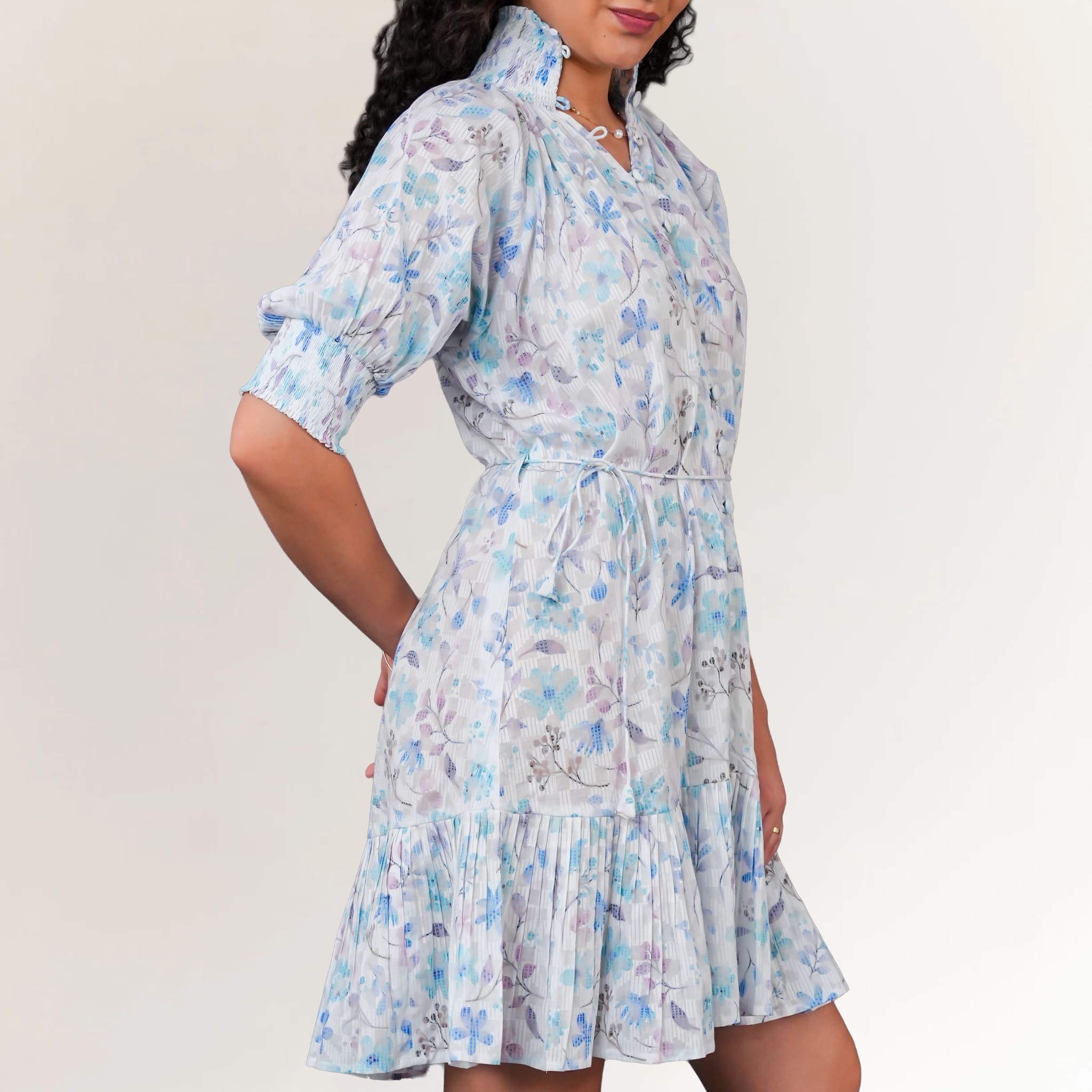 Cotton Dobby Floral Mini Dress for Women in Sky Blue