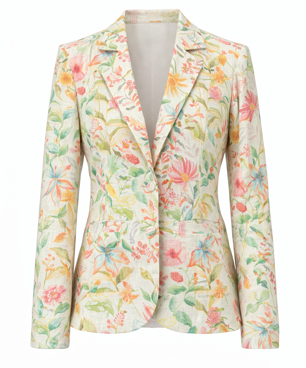 Linen Cotton Floral Blazer for Women Elegant Single Button Summer Jacket with Notch Lapel in Ivory Blossom