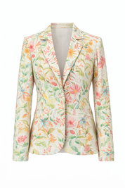 Linen Cotton Floral Blazer for Women Elegant Single Button Summer Jacket with Notch Lapel in Ivory Blossom