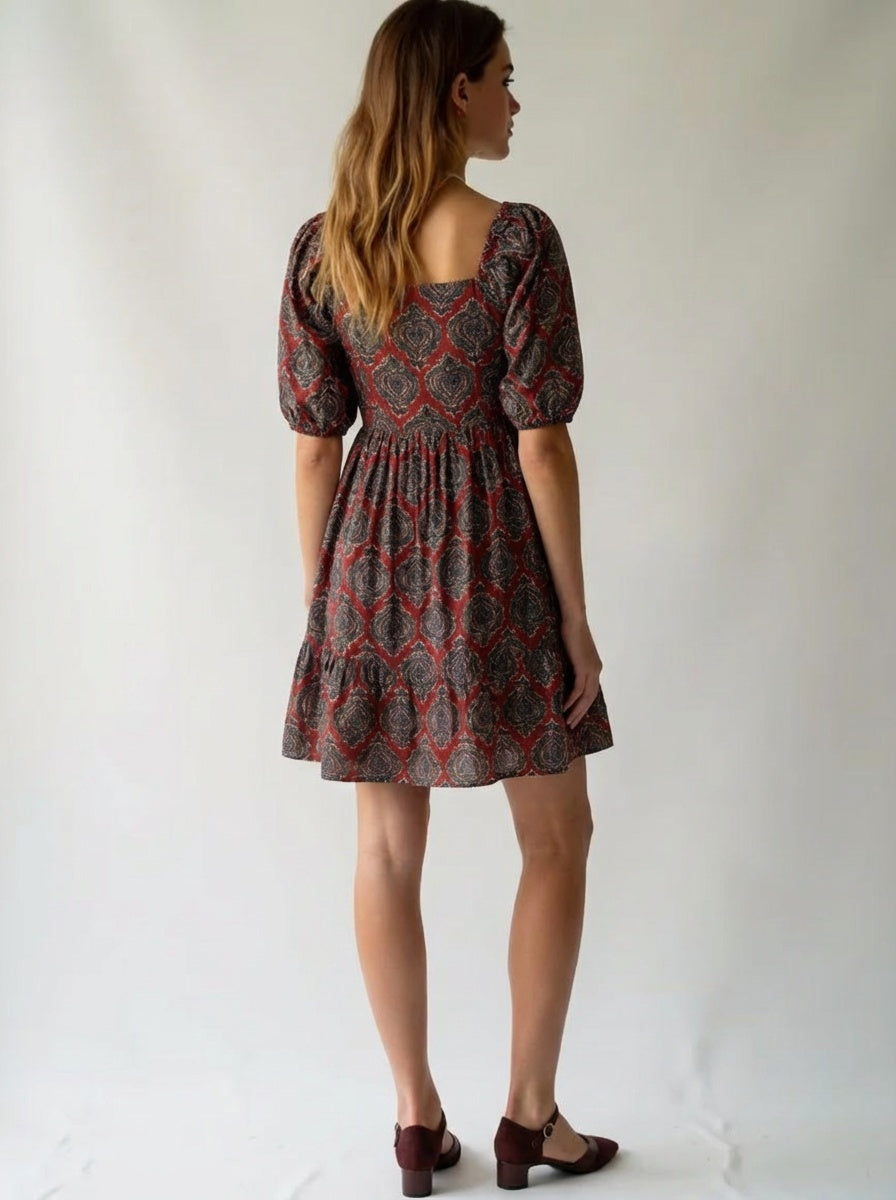 Printed Cotton Puff Sleeve Dress Women’s Square Neck Summer Dress