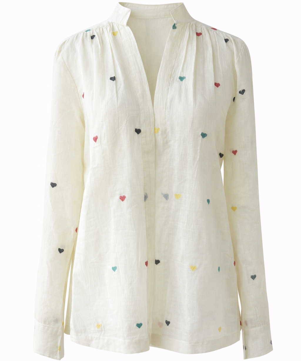 Handwoven Cotton Blouse for Women Ivory Long Sleeve Shirt Multicolor Embroidered Heart Motifs Band Collar Button Front