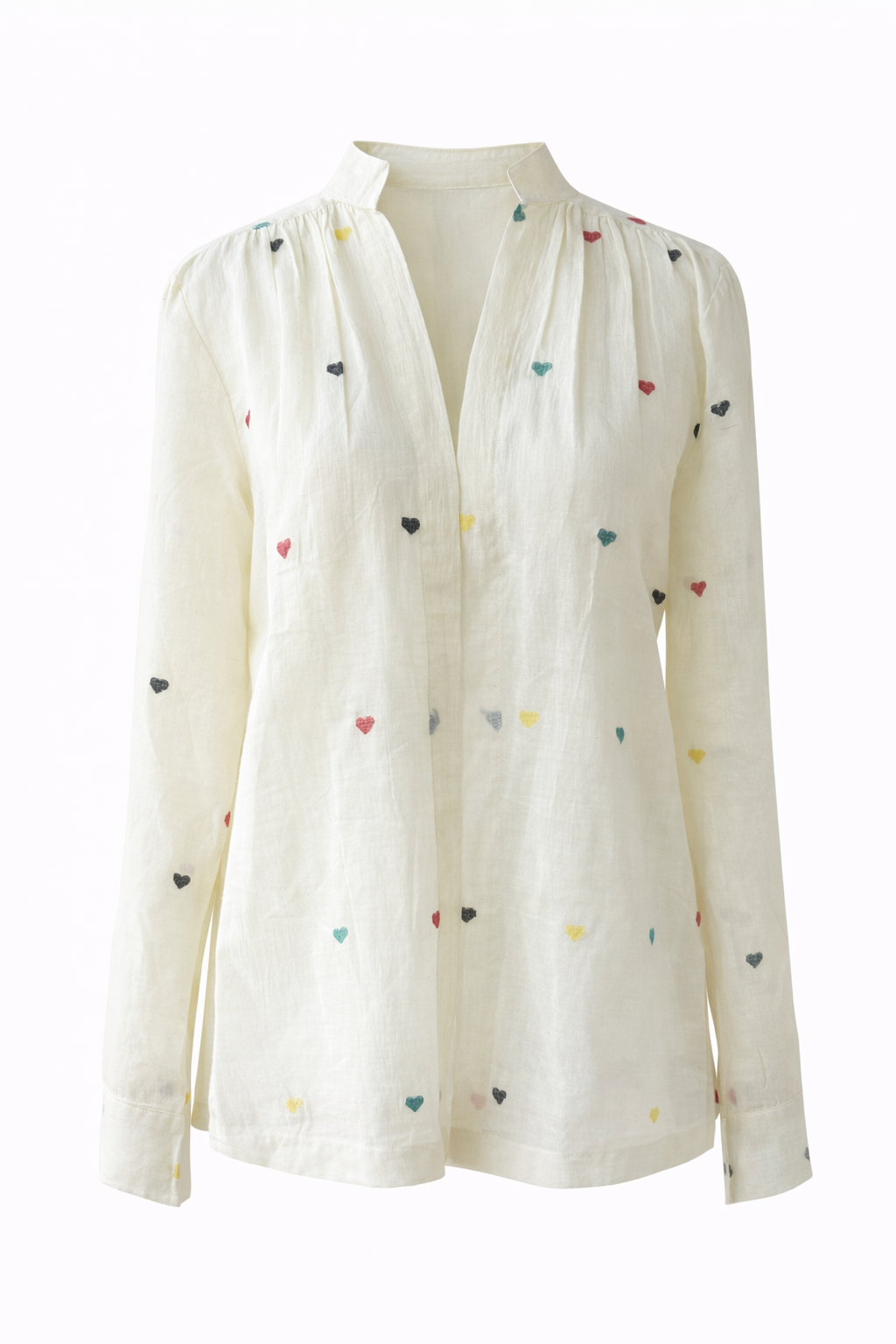 Handwoven Cotton Blouse for Women Ivory Long Sleeve Shirt Multicolor Embroidered Heart Motifs Band Collar Button Front