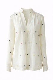 Handwoven Cotton Blouse for Women Ivory Long Sleeve Shirt Multicolor Embroidered Heart Motifs Band Collar Button Front
