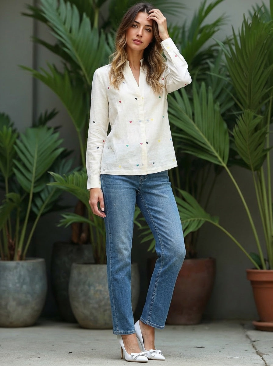 Handwoven Cotton Blouse for Women Ivory Long Sleeve Shirt Multicolor Embroidered Heart Motifs Band Collar Button Front