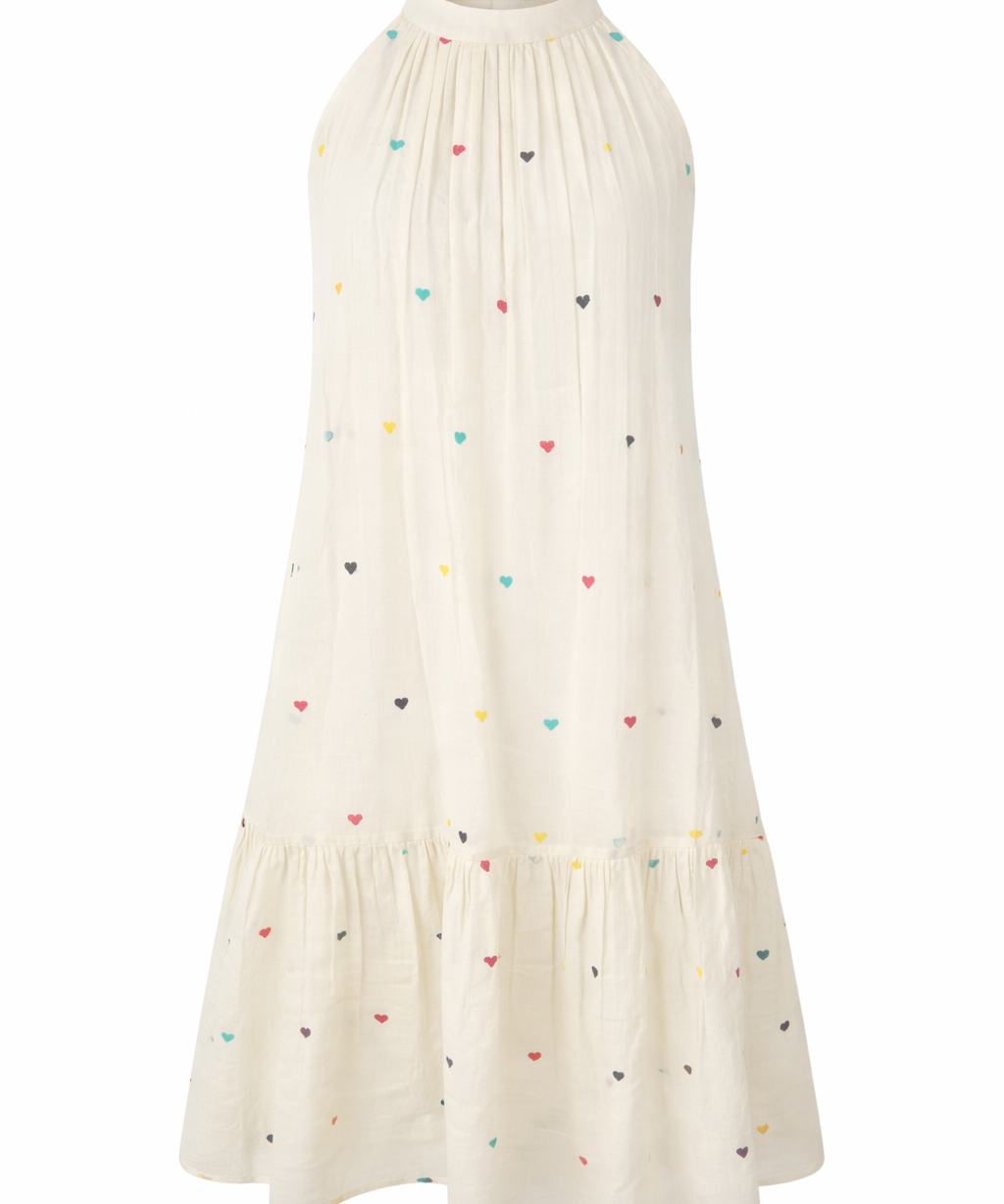 Pure Jamdani Handwoven Colorful Heart Embroidered Halter Neck Midi Summer Cotton Dress&nbsp;