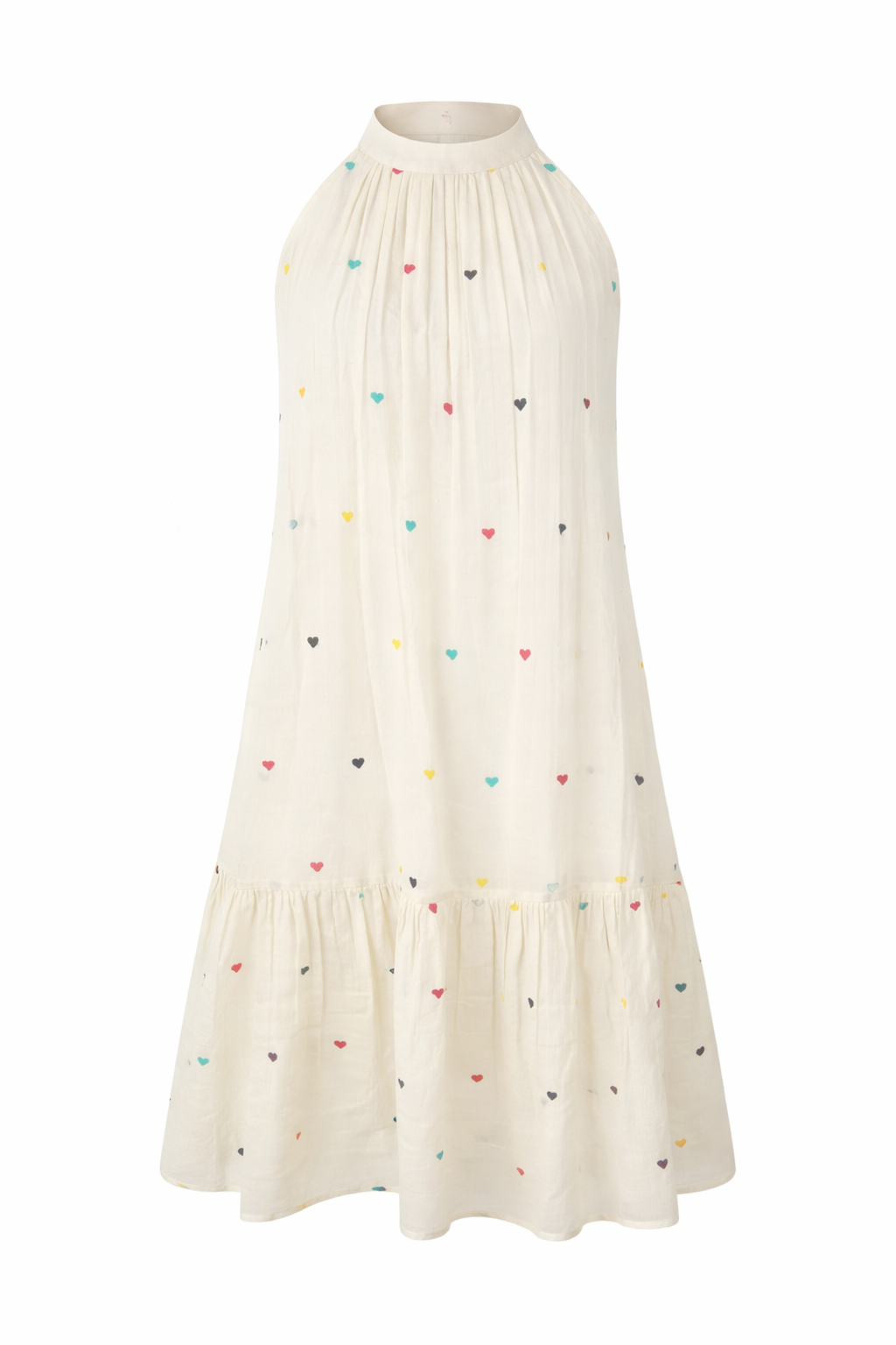 Pure Jamdani Handwoven Colorful Heart Embroidered Halter Neck Midi Summer Cotton Dress&nbsp;