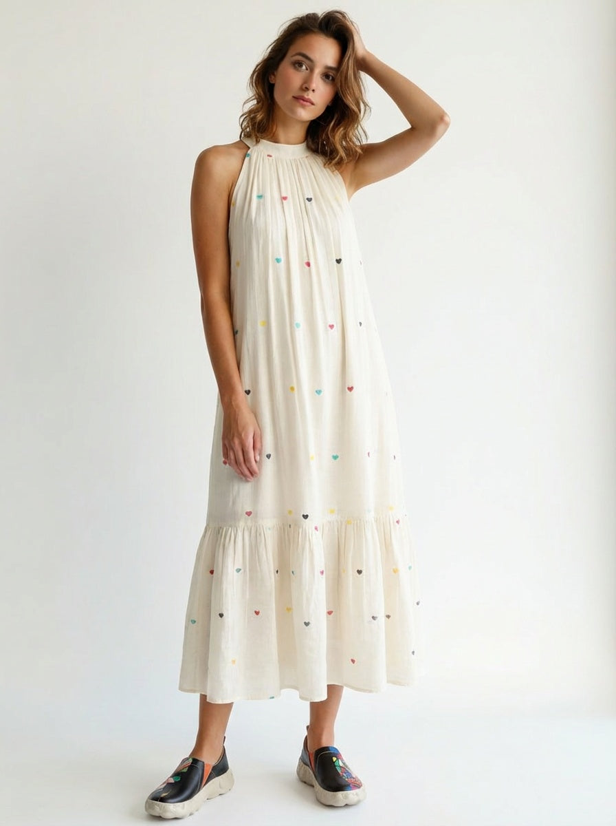 Pure Jamdani Handwoven Colorful Heart Embroidered Halter Neck Midi Summer Cotton Dress&nbsp;