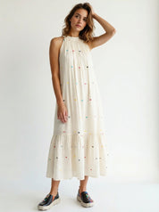 Pure Jamdani Handwoven Colorful Heart Embroidered Halter Neck Midi Summer Cotton Dress&nbsp;