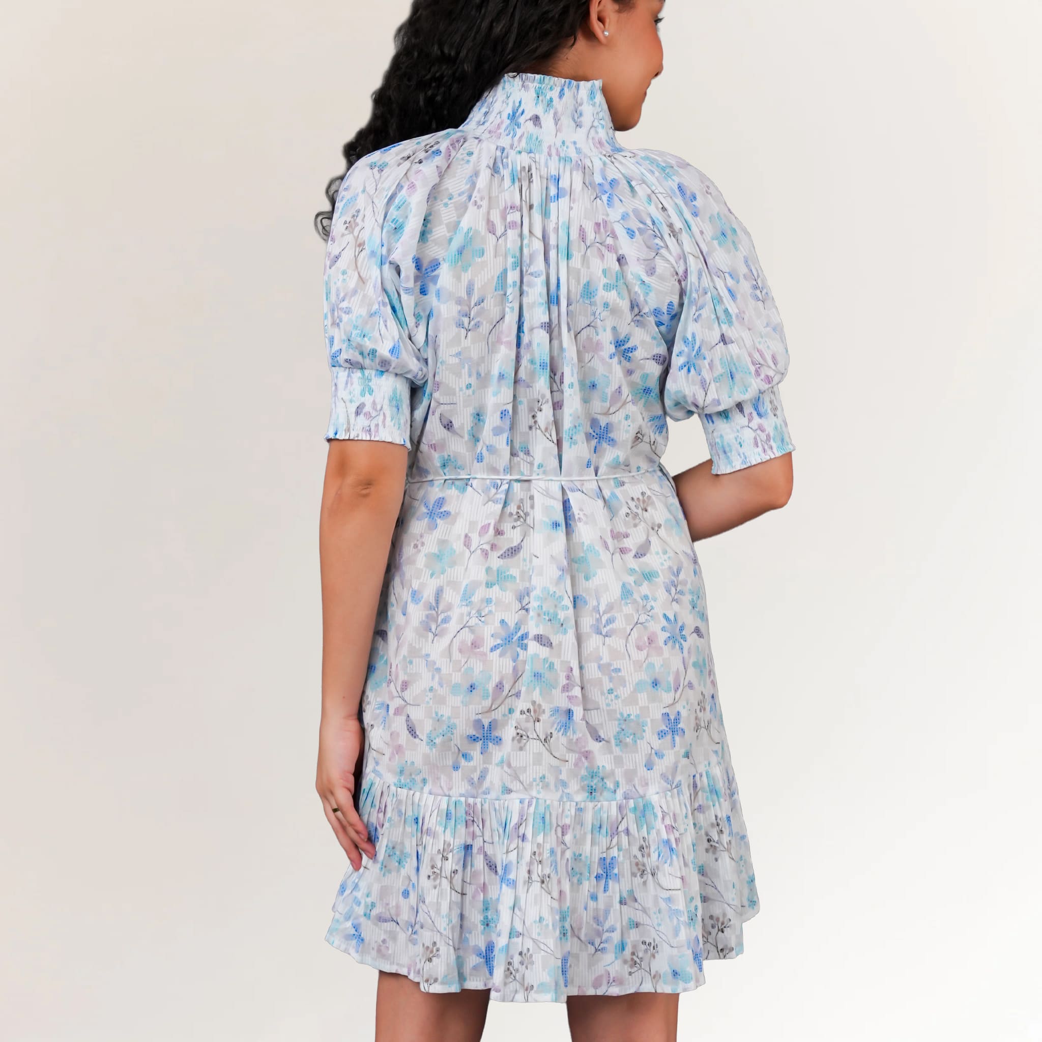 Cotton Dobby Floral Mini Dress for Women in Sky Blue