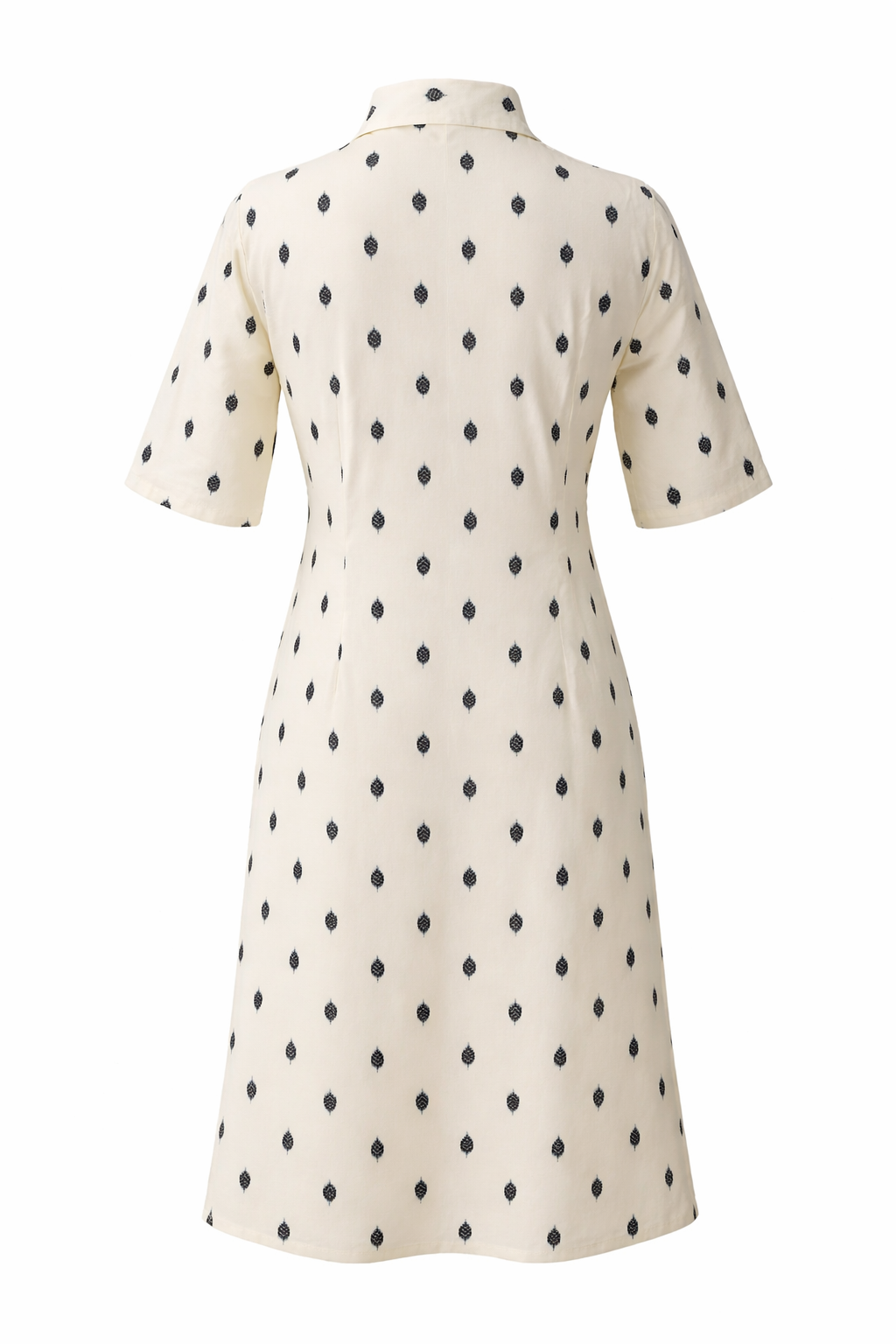 White Cotton Dobby Dress A-Line Collared Summer Midi Dress with Pockets in Ivory Confetti & Ivory Leaf