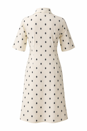 White Cotton Dobby Dress A-Line Collared Summer Midi Dress with Pockets in Ivory Confetti & Ivory Leaf
