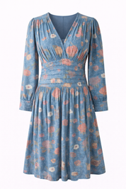 Floral Cotton Midi Dress for Women Long Sleeve V-Neck Linen Blossom Chambray Rose Boho Dress