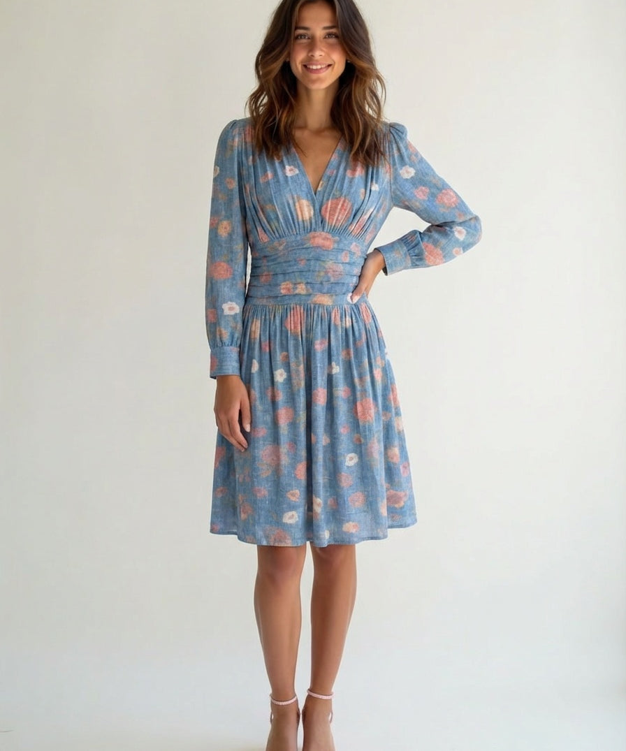 Floral Cotton Midi Dress for Women Long Sleeve V-Neck Linen Blossom Chambray Rose Boho Dress